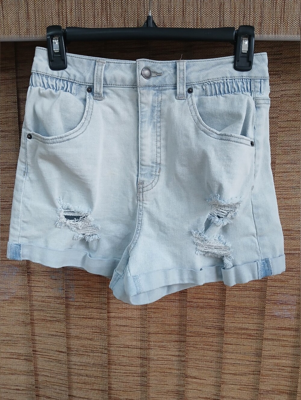 Vanilla Star Light Blue Distressed Denim Mom Shorts
